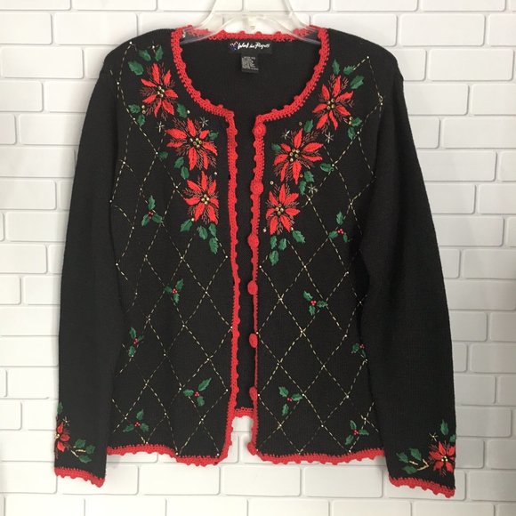 Work In Progress Winter Holiday Cardigan Sweater Poinsettias - Picture 1 of 9
